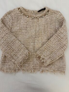 Zara Pearl-Embellished Tweed Top in Beige and Cream